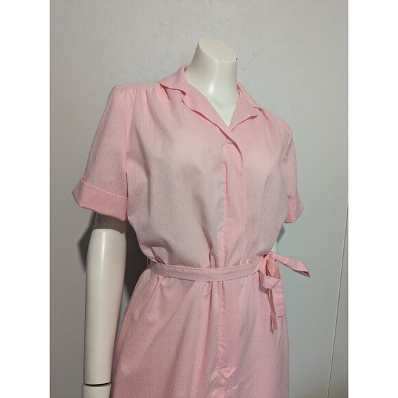 Vintage Polka Dot Flocked Cotton Blend Dress Belt Shift House Dress Pink M B44 - Picture 4 of 9